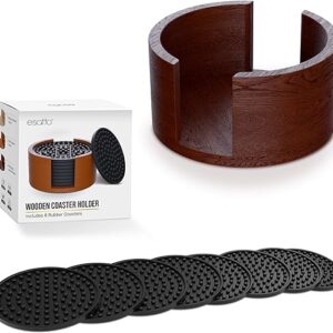 Bulk Lot of  860  units/sets - Esatto Esatto Round Wooden Stylish Rubber Coaster Sets with Holder (Mahogany Colored Wood), Including 8 Rubber Coasters for Drinks, Can Also Hold Any Other Coasters of 4.25 Inches in... |